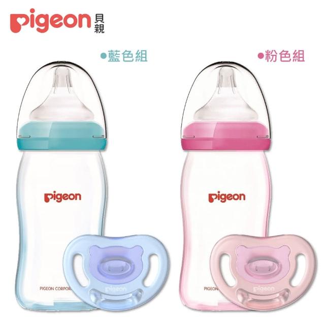 Pigeon 貝親-【Pigeon 貝親】矽膠護層母感玻璃奶瓶160ml+全矽膠安撫奶嘴S(藍色/粉色)